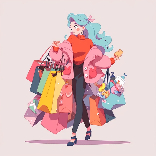 Illustration de dessin animé d'une femme portant des sacs d'achat et un téléphone portable AI Generative
