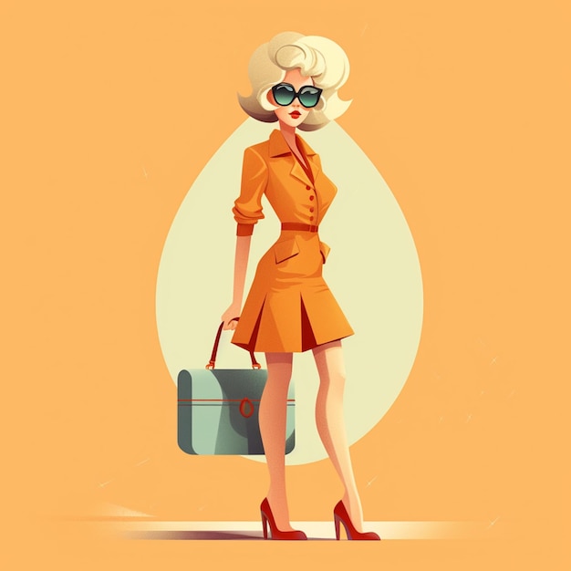 Photo illustration de dessin animé d'une femme en robe courte et lunettes de soleil avec une valise générative ai