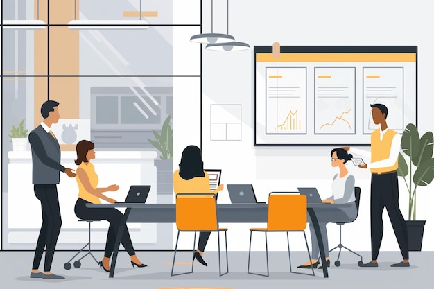 une illustration de dessin animé de femmes travaillant à une table avec un tableau au-dessus d'elles