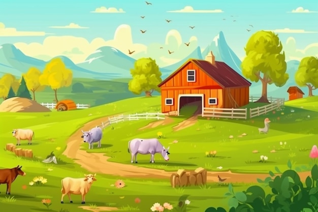 Une illustration de dessin animé d'une ferme avec des animaux et une grange générative ai