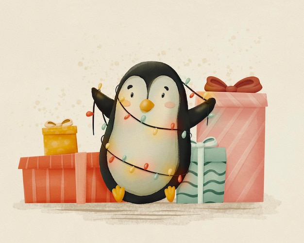 Illustration de dessin animé festif d'un mignon pingouin avec une guirlande assis entre des boîtes avec des cadeaux