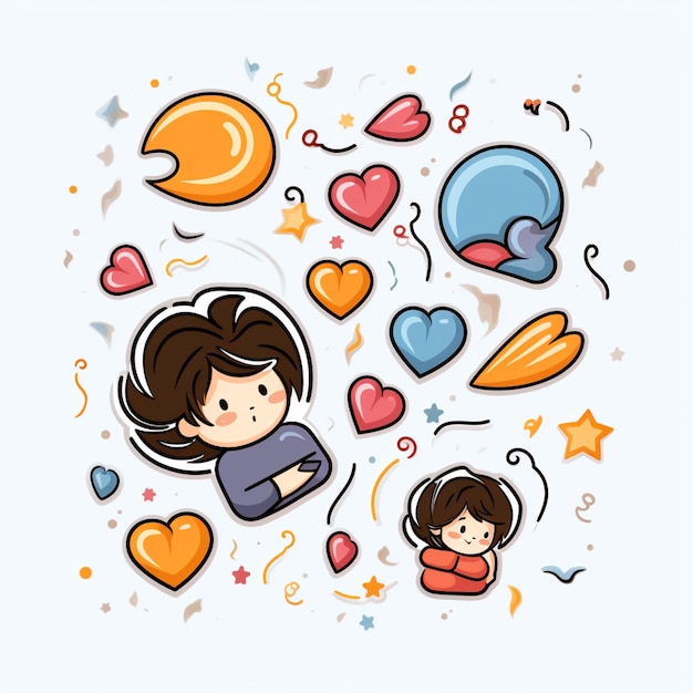 Illustration de dessin animé d'une fille et d'un garçon avec des ballons et des cœurs