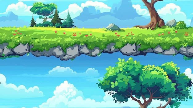 une illustration de dessin animé d'une forêt avec une maison et des arbres
