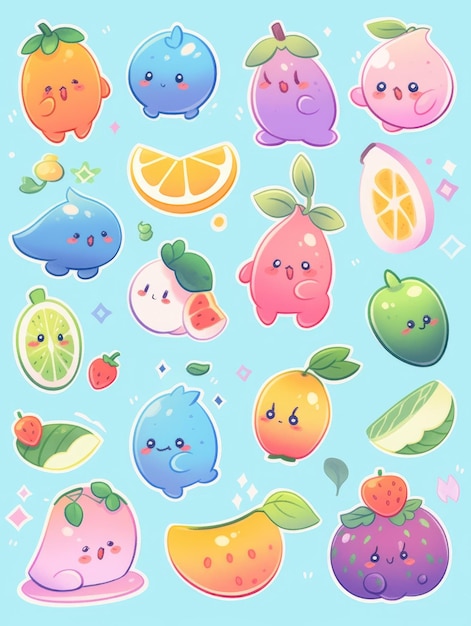 Photo illustration dessin animé fruits en bleu