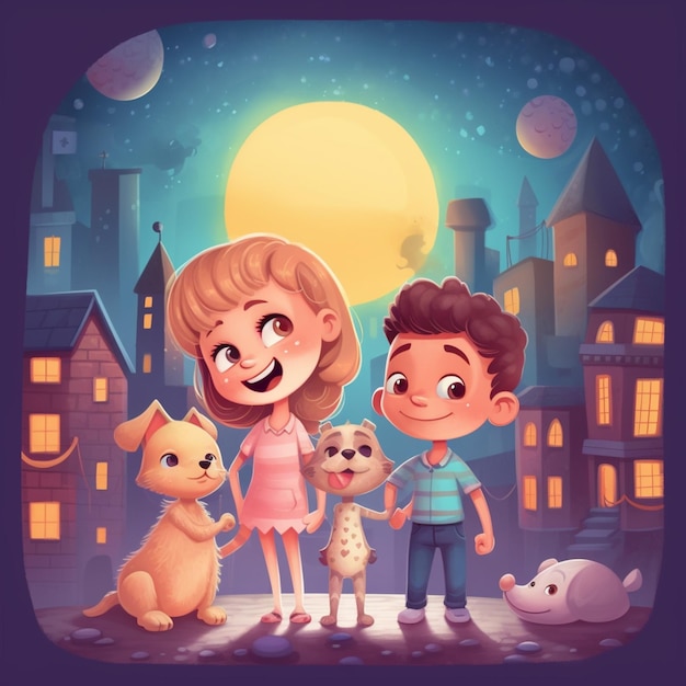 illustration de dessin animé d'un garçon et d'une fille avec leurs animaux de compagnie devant une ville générative ai