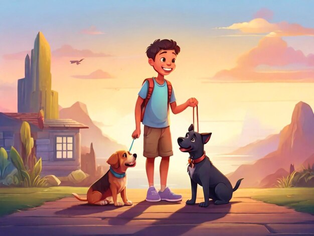 une illustration de dessin animé d'un garçon avec un sac à dos et un chien