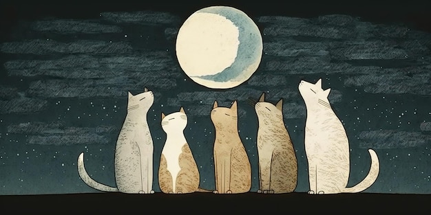 Illustration de dessin animé généré par l'IA de chats regardant la lune Inspiré par Jon Klassen AI Generative