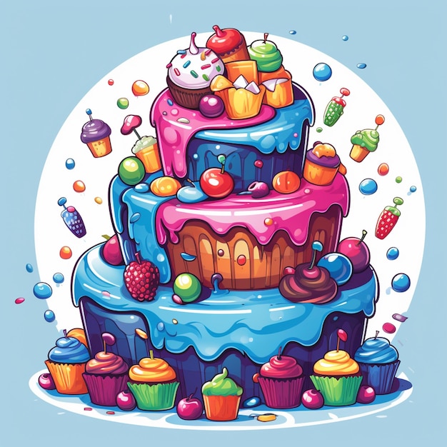 illustration de dessin animé d'un grand gâteau avec beaucoup de cupcakes et de bonbons