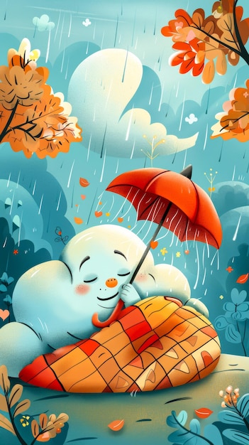illustration de dessin animé gros plan anthropomorphique un nuage bouffon endormi couvert d'une douce couette tenant un parapluie