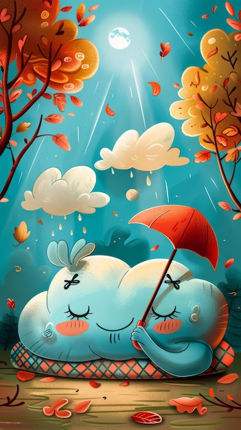 illustration de dessin animé gros plan anthropomorphique un nuage bouffon endormi couvert d'une douce couette tenant un parapluie