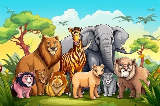Photo une illustration de dessin animé d'un groupe d'animaux, y compris des zèbres et des girafes
