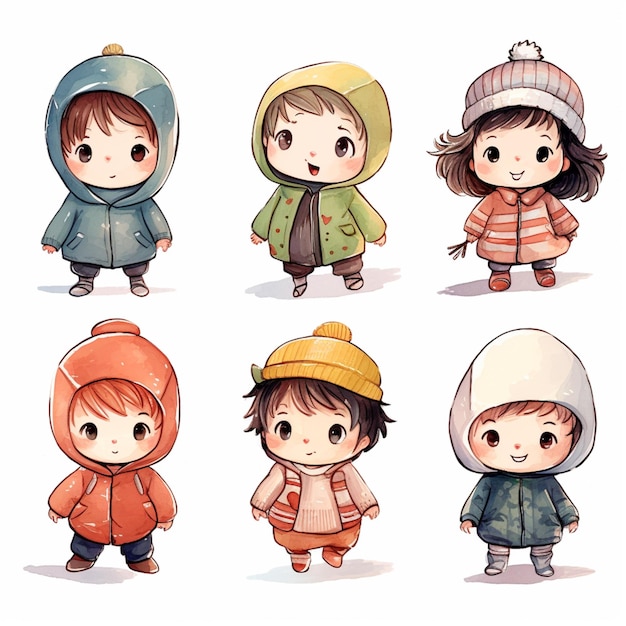 illustration de dessin animé d'un groupe d'enfants portant des vêtements d'hiver ai génératif