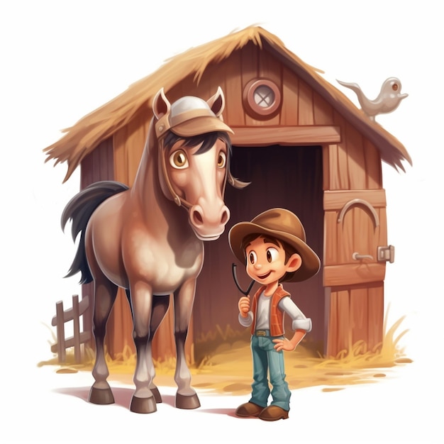 illustration de dessin animé d'un homme debout à côté d'un cheval devant une grange ai générative