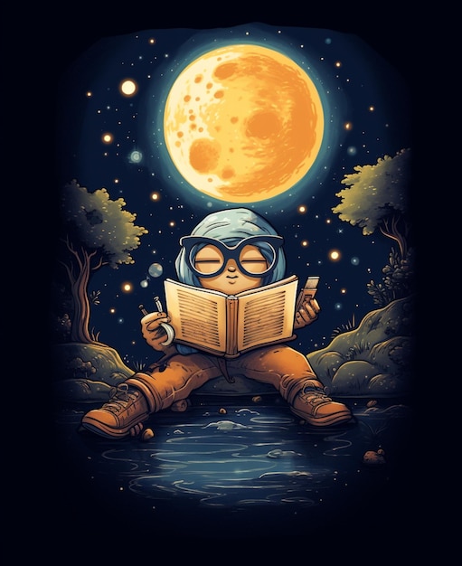 illustration de dessin animé d'un homme lisant un livre au clair de lune ai génératif