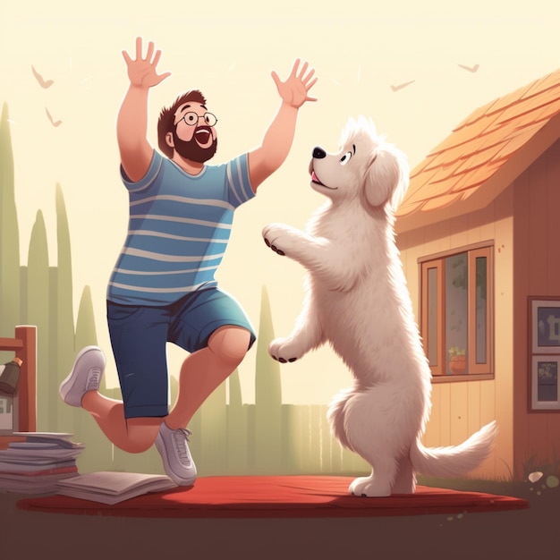 Illustration de dessin animé d'un homme sautant pour attraper un chien blanc