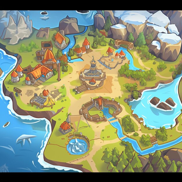 illustration de dessin animé d'une île fantastique avec une rivière et un village ai génératif