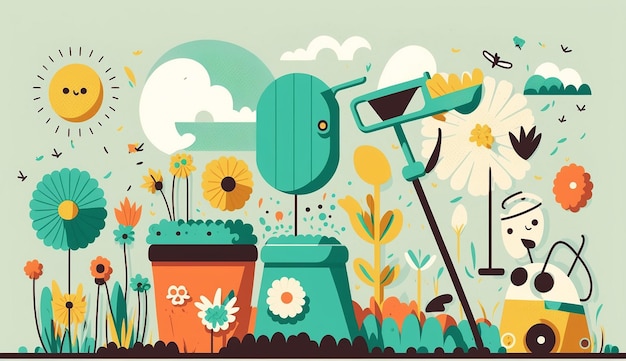 Une illustration de dessin animé d'un jardin de printemps avec un pot de fleurs et un seau avec une abeille dessus