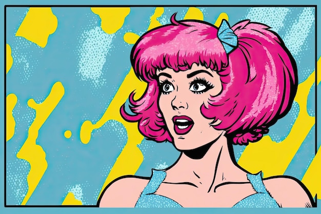 Illustration de dessin animé de jolie fille dans un style pop art Femme émotionnelle aux cheveux roses Fond coloré AI générative