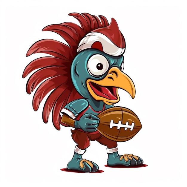 Photo illustration de dessin animé d'un joueur de football de coq tenant un ai génératif de football