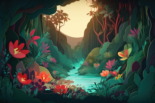 Une illustration de dessin animé d'une jungle avec une rivière et une jungle.