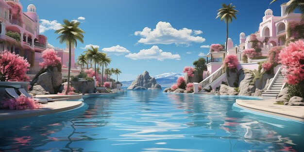 une illustration de dessin animé d'un lac avec des palmiers et un bateau dans l'eau