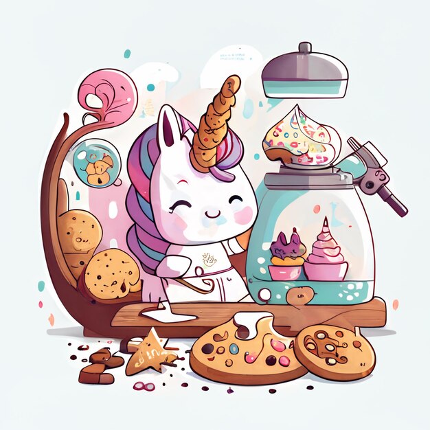 Photo illustration de dessin animé d'une licorne faisant des biscuits et des biscuits dans un pot ai générative