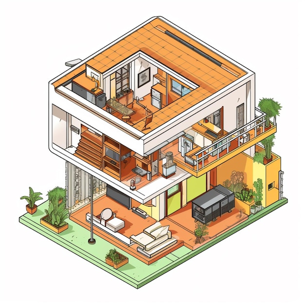 Photo une illustration de dessin animé d'une maison avec un balcon et un salon génératif ai