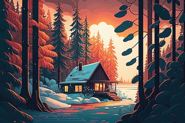 Une illustration de dessin animé d'une maison dans les bois avec un paysage enneigé en arrière-plan.