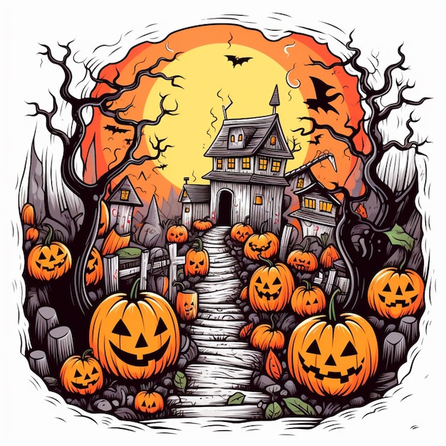 une illustration de dessin animé d'une maison d'Halloween avec des citrouilles et des chauves-souris ai générative