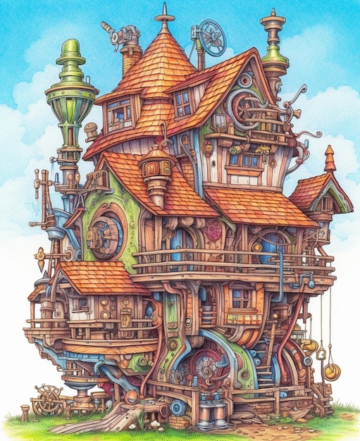 illustration de dessin animé d'une maison avec une horloge et une tour générative ai