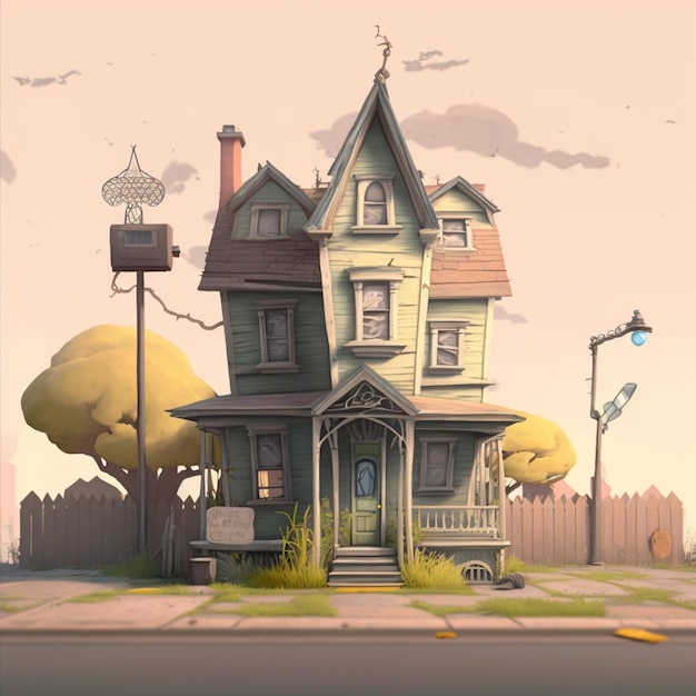 Illustration de dessin animé d'une maison avec un oiseau sur le toit ai générative