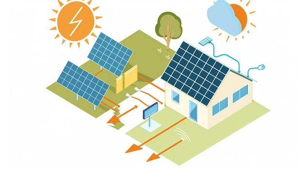 une illustration de dessin animé d'une maison solaire avec des panneaux solaires sur le toit