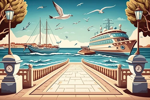 Photo illustration de dessin animé mer d'été avec navire de croisière et bateau à moteur dans l'océan ai génératif