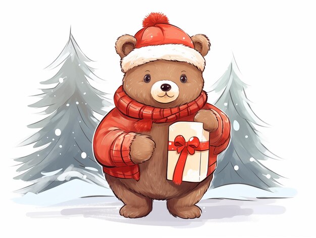 Illustration de dessin animé d'un mignon ours de Noël avec une boîte à cadeaux et des arbres du Nouvel An sur blanc