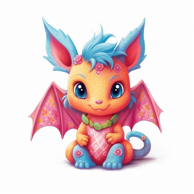 Illustration de dessin animé d'un mignon petit dragon aux cheveux bleus et un cœur rose ai génératif