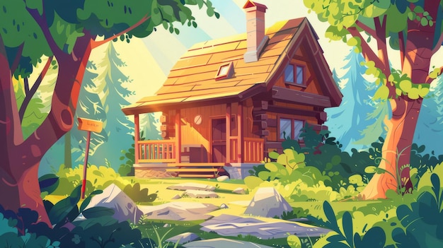 Illustration de dessin animé moderne d'une cabane en bois avec porche et escaliers une cheminée sur le toit un indicateur de direction sur la route et la lumière du soleil pénétrant le feuillage vert sur les arbres dans une forêt ensoleillée