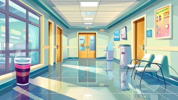 Une illustration de dessin animé moderne d'un couloir d'hôpital ainsi que des portes des quartiers un refroidisseur d'eau et un ascenseur dans un hôpital