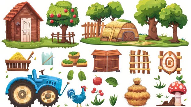 Illustration de dessin animé moderne du tracteur bleu, de la grange en bois, du poulailler, de la chaume et du pommier, des biens de jardin du village de poules drôles isolés sur un fond blanc.