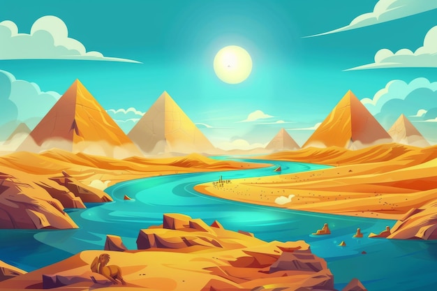 Cette illustration de dessin animé moderne montre un désert égyptien avec une rivière et des pyramides c'est un paysage avec des dunes de sable jaune eau bleue du Nil anciennes tombes soleil chaud et nuages dans le ciel