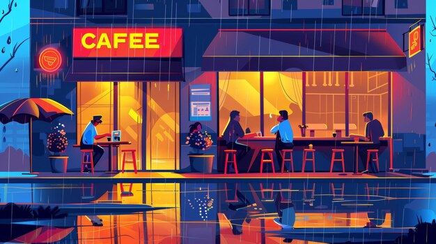 Photo illustration de dessin animé moderne d'une rue pluvieuse de la ville avec un bar, une façade de restaurant ou de café avec des gens à l'intérieur