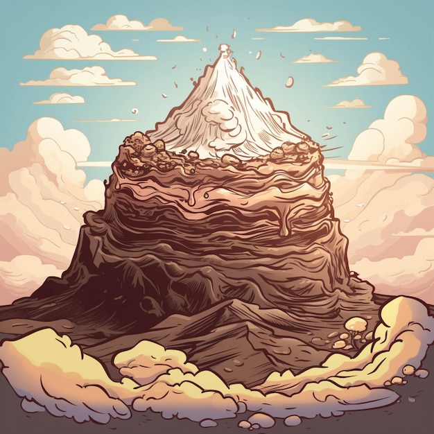 Illustration de dessin animé d'une montagne avec un ciel rempli de nuages en arrière-plan ai générative