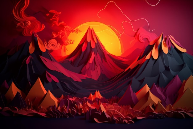 Une illustration de dessin animé d'une montagne avec un soleil rouge derrière elle.