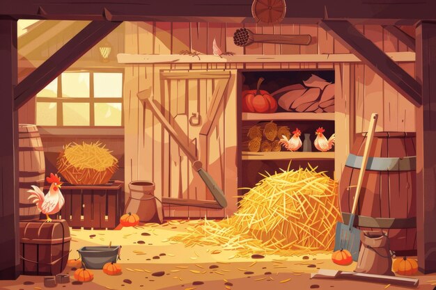 Illustration de dessin animé montrant une grange sur une ferme avec des poulets de paille et de foin Il a des nids de poules une botte de foin une fourchette un sac d'outils de jardin et une citrouille La grange est utilisée pour stocker la récolte