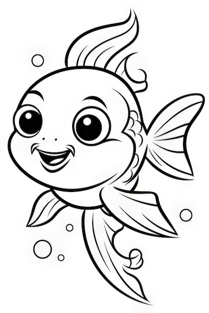 Illustration de dessin animé en noir et blanc d'un mignon personnage animal de poisson pour livre à colorier