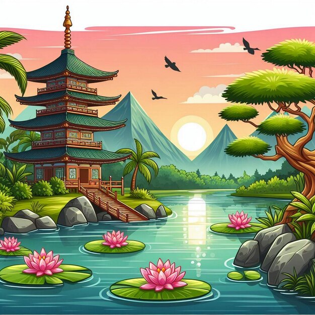 Une illustration de dessin animé d'une pagode sur un lac avec des lys d'eau