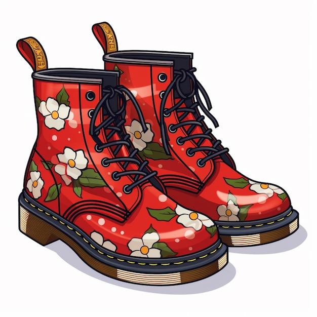 illustration de dessin animé d'une paire de bottes rouges avec des fleurs dessus