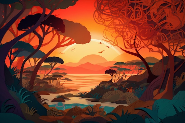 Une illustration de dessin animé d'un paysage avec un coucher de soleil et des montagnes en arrière-plan.