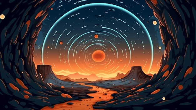 Une illustration de dessin animé d'un paysage désertique avec une rivière et des planètes ai génératives