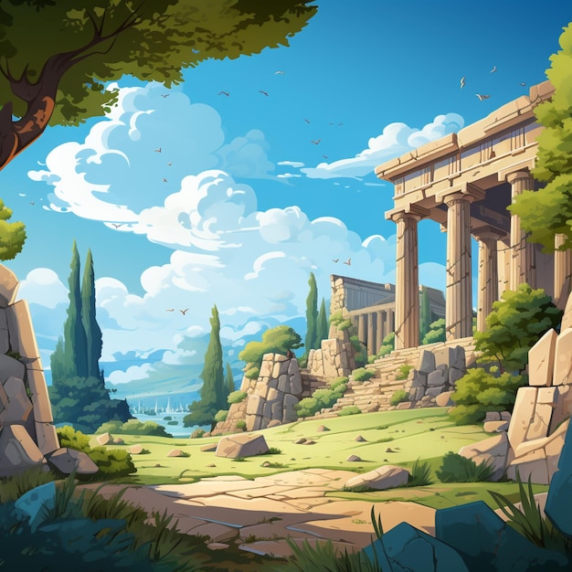 Photo illustration de dessin animé d'un paysage grec avec un temple et une rivière générative ai