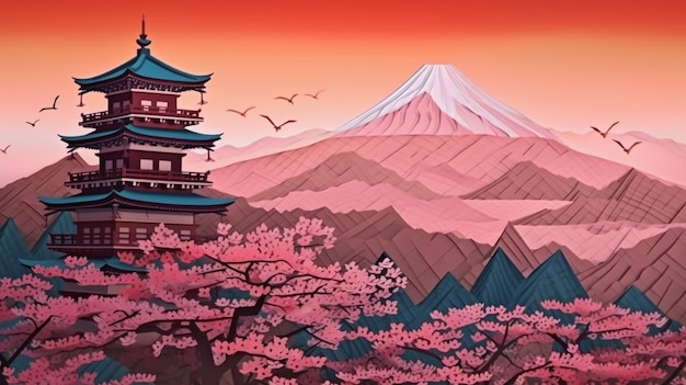 Une illustration de dessin animé d'un paysage de montagne japonais